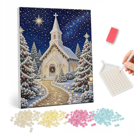 Pearl Painting Christmas Church in a Snowy Forest pearl painting – image 1