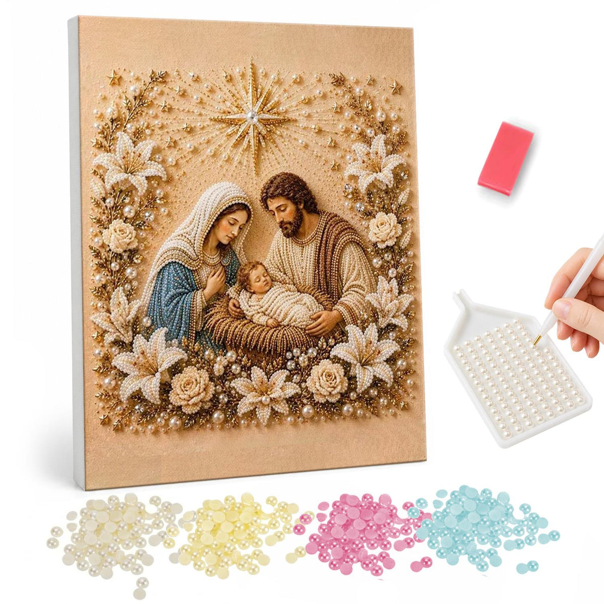 Nativity in Lilies and Roses pearl painting – Mary, Joseph and the baby Jesus in a wreath of white lilies and roses beneath a golden star