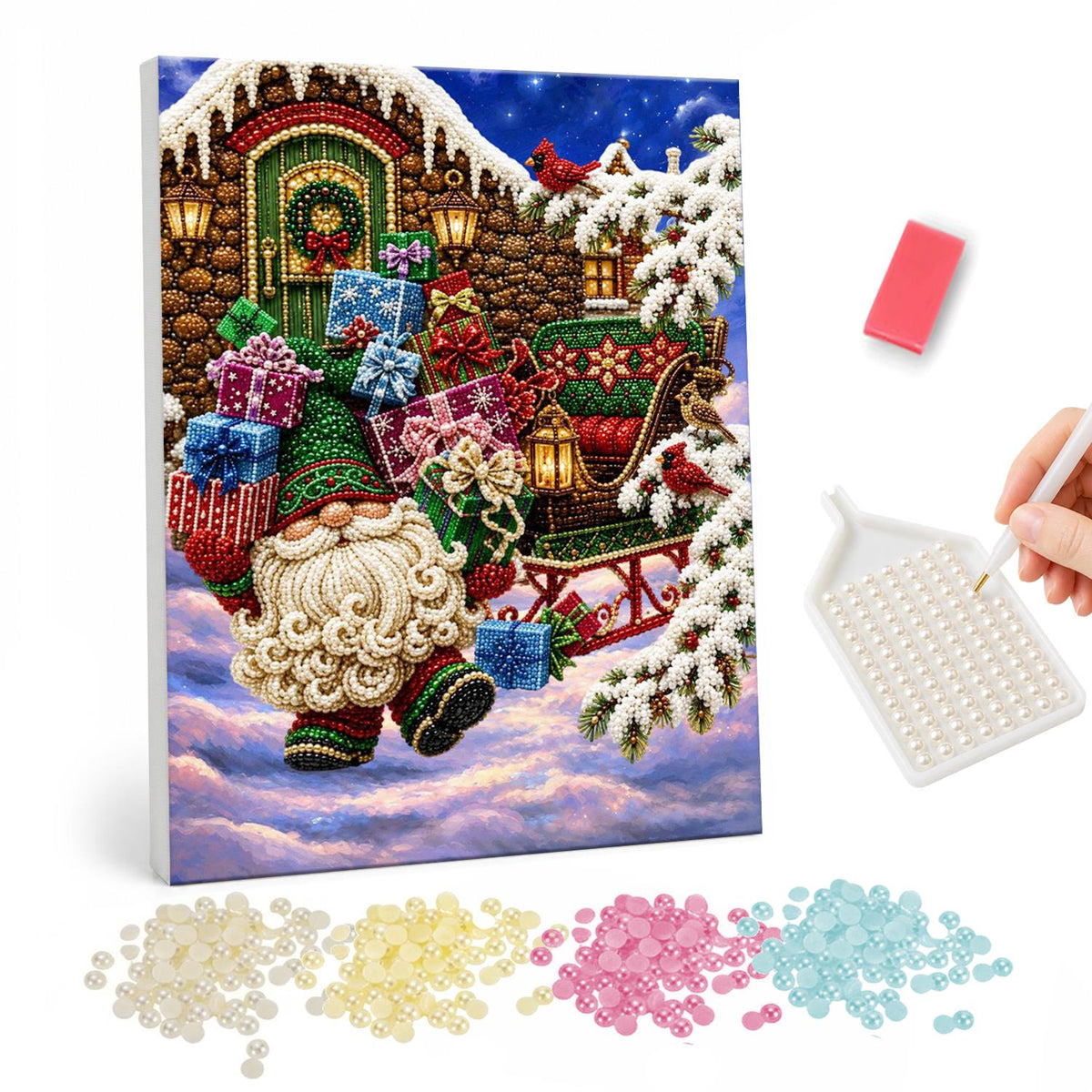 Gift-Laden Gnome and Sleigh pearl painting – Bearded Christmas gnome carrying a stack of gifts beside a sleigh and a cottage door