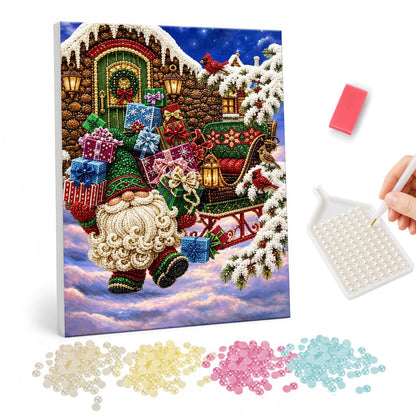 Gift-Laden Gnome and Sleigh pearl painting – Bearded Christmas gnome carrying a stack of gifts beside a sleigh and a cottage door