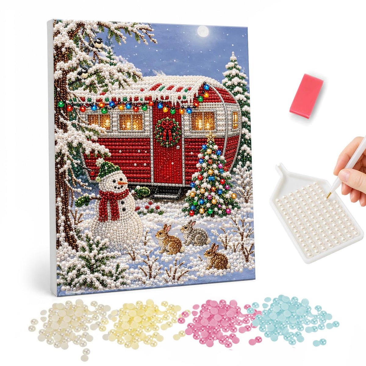 Holiday Camper in the Pines pearl painting – Red vintage camper trailer with string lights in a snowy forest, with a snowman, bunnies and a Christmas tree