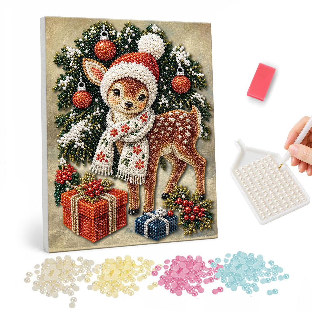 Snowflake-Scarf Fawn pearl painting – Spotted fawn in a Santa hat and snowflake scarf with wrapped gifts and a wreath of baubles