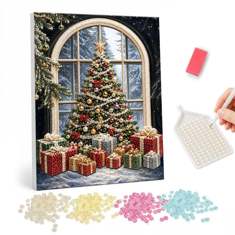 Tree Before the Arched Window pearl painting – Decorated Christmas tree with wrapped gifts in front of a tall arched window looking onto snowy woods