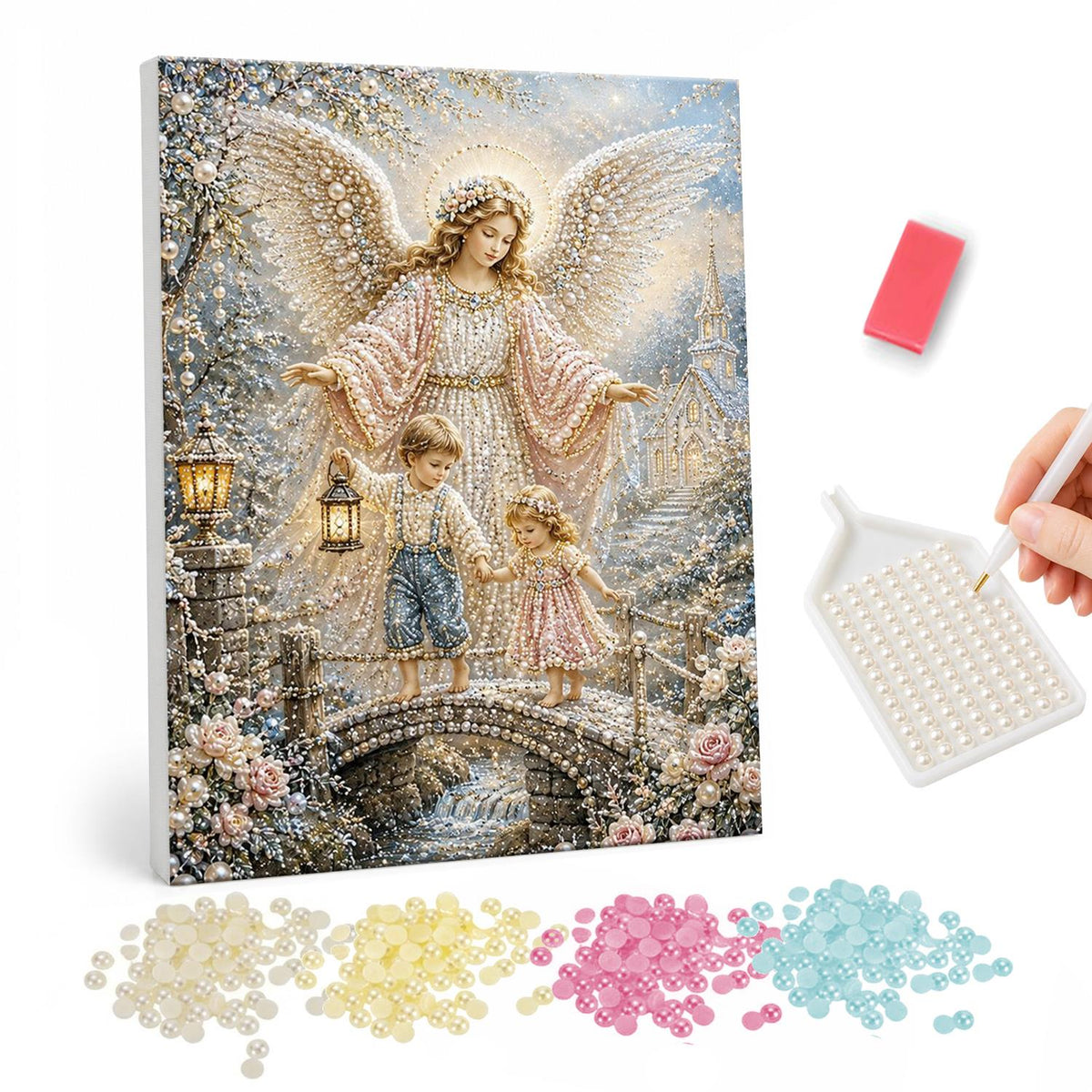 Guardian Angel on the Bridge pearl painting – Angel with large wings watching over two children with a lantern crossing a bridge in a snowy village