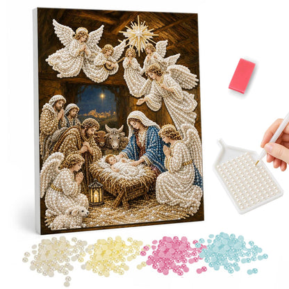 Nativity with Choir of Angels pearl painting – Angels surrounding Mary, Joseph and the baby Jesus in a stable manger under a bright star