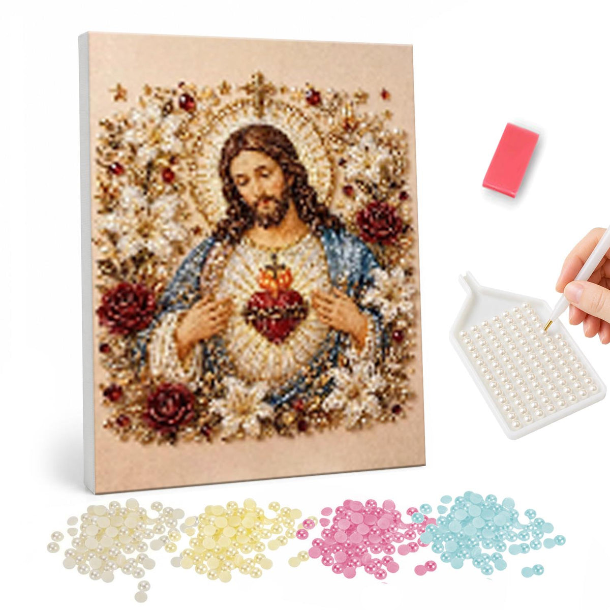 Sacred Heart of Jesus in Roses pearl painting – Jesus with hands at a glowing Sacred Heart, framed by red roses and gold ornament