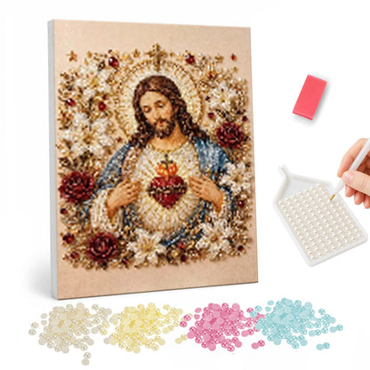 Sacred Heart of Jesus in Roses pearl painting – Jesus with hands at a glowing Sacred Heart, framed by red roses and gold ornament
