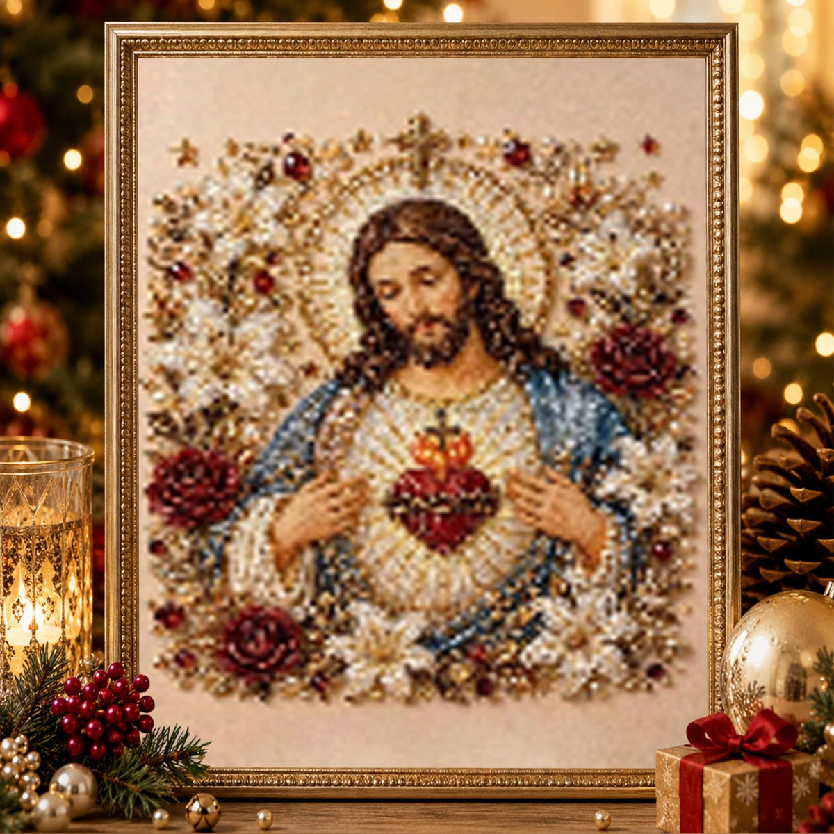 Sacred Heart of Jesus in Roses pearl painting – image 2