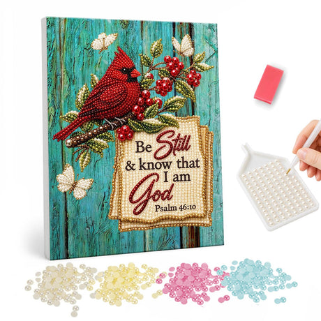 Cardinal with Be Still Verse pearl painting – Red cardinal on a berry branch beside a Be Still and know that I am God sign on teal wood