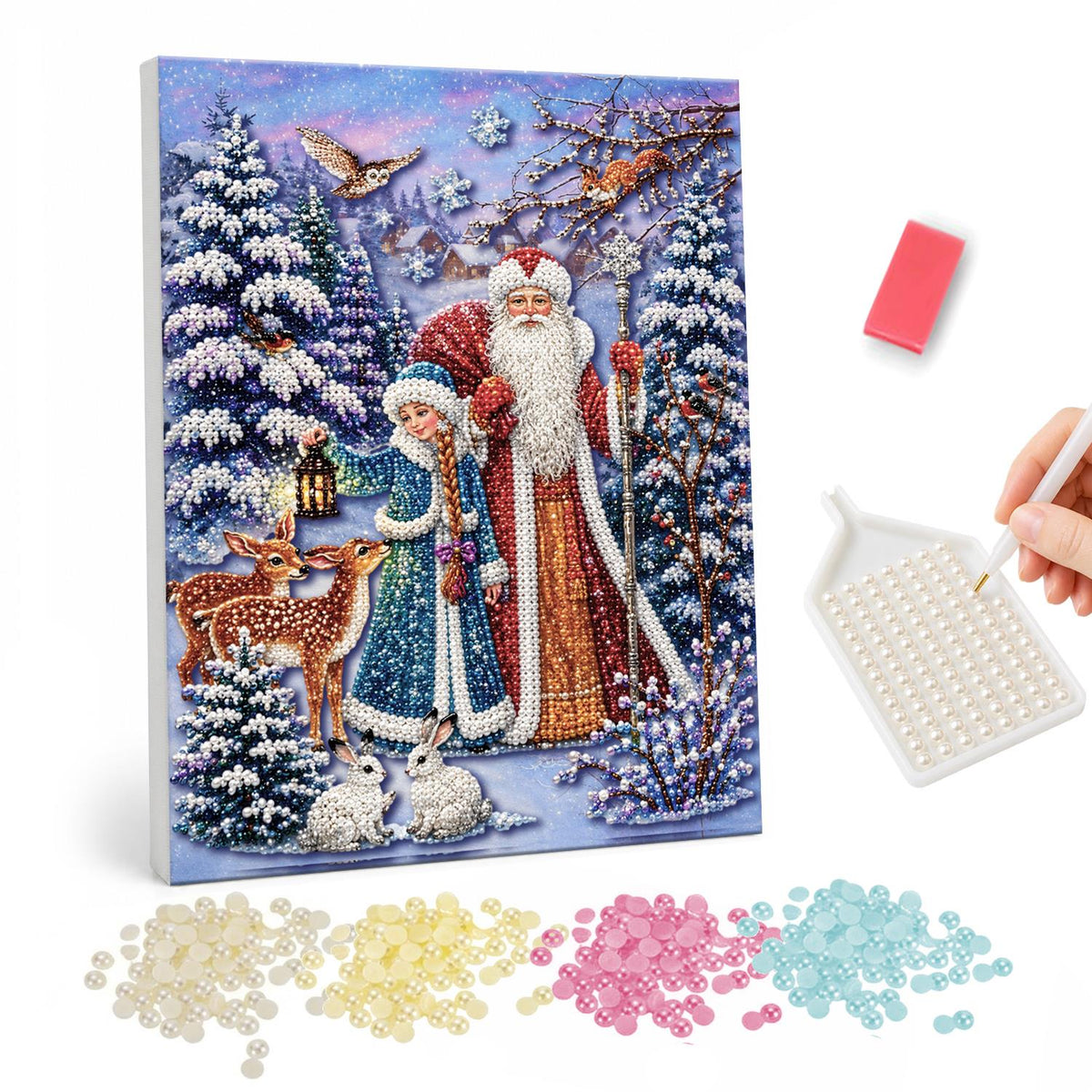Father Frost and Snow Maiden pearl painting – Father Christmas in a red robe with a girl in a blue fur-trimmed coat, deer and rabbits in a snowy forest