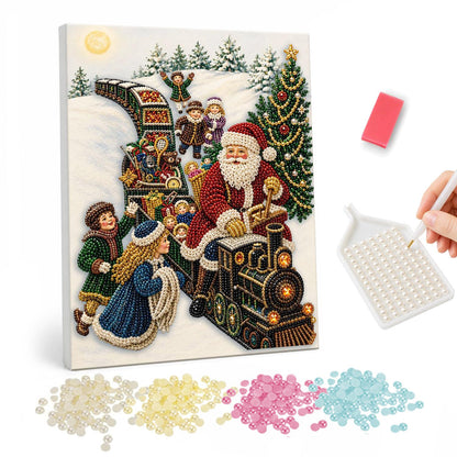 Children Riding Santa's Engine pearl painting – Santa driving a toy steam train filled with children down a snowy hill, a Christmas tree beside