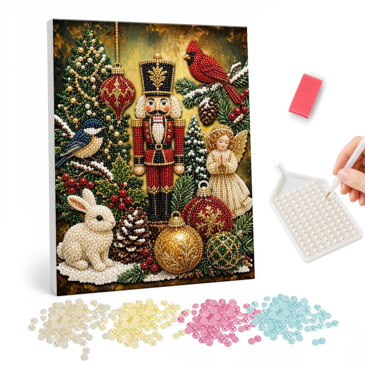 Nutcracker with Woodland Friends pearl painting – Nutcracker soldier among baubles, pinecones, a white rabbit, a cardinal, a chickadee and an angel figurine