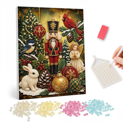 Nutcracker with Woodland Friends pearl painting – Nutcracker soldier among baubles, pinecones, a white rabbit, a cardinal, a chickadee and an angel figurine