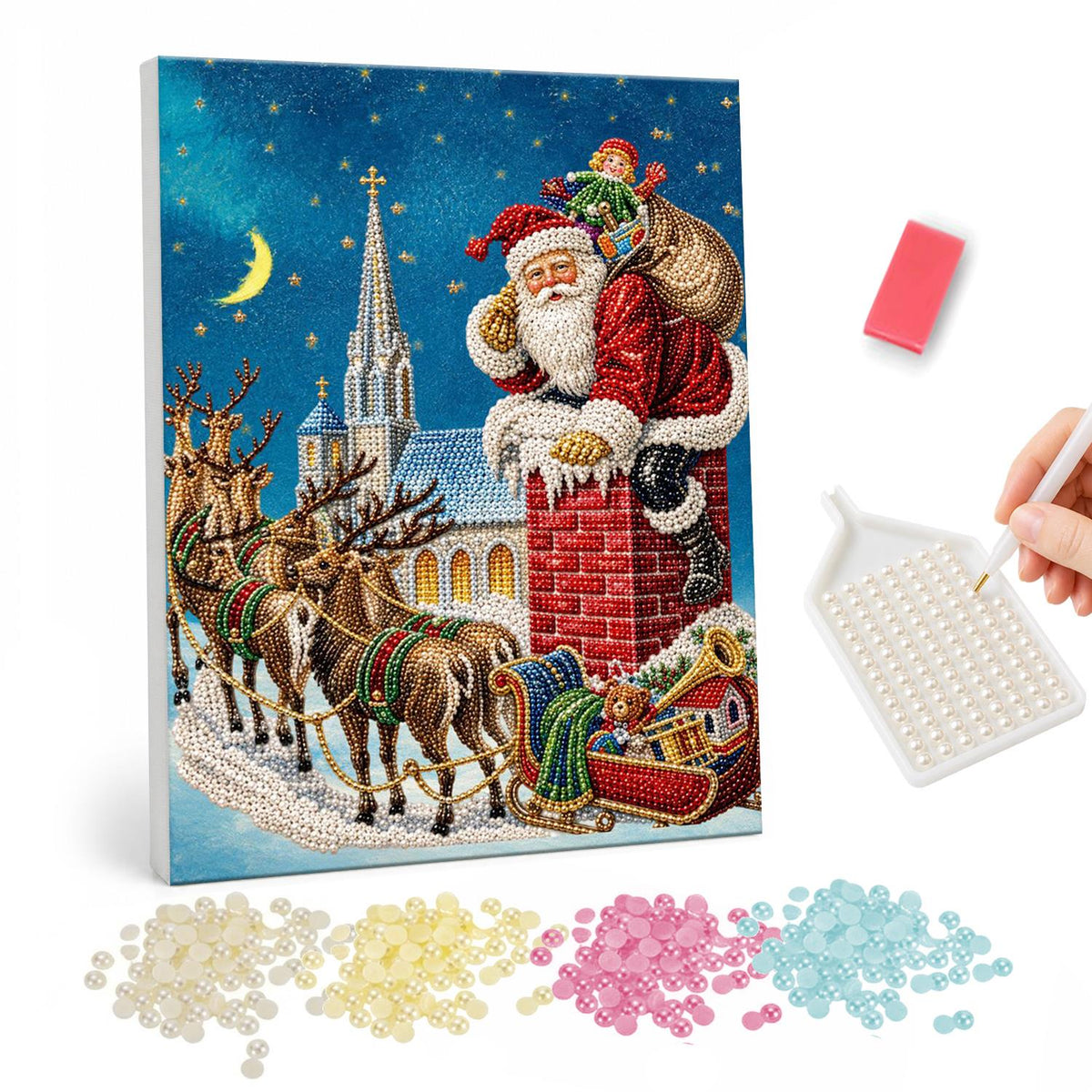Santa Climbing Into the Chimney pearl painting – Santa climbing into a brick chimney with his sack while reindeer and sleigh wait on the snowy roof