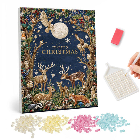 Woodland Friends Under the Moon pearl painting – Deer, fox, owls and birds gathered in a forest arch beneath a full moon and Merry Christmas lettering
