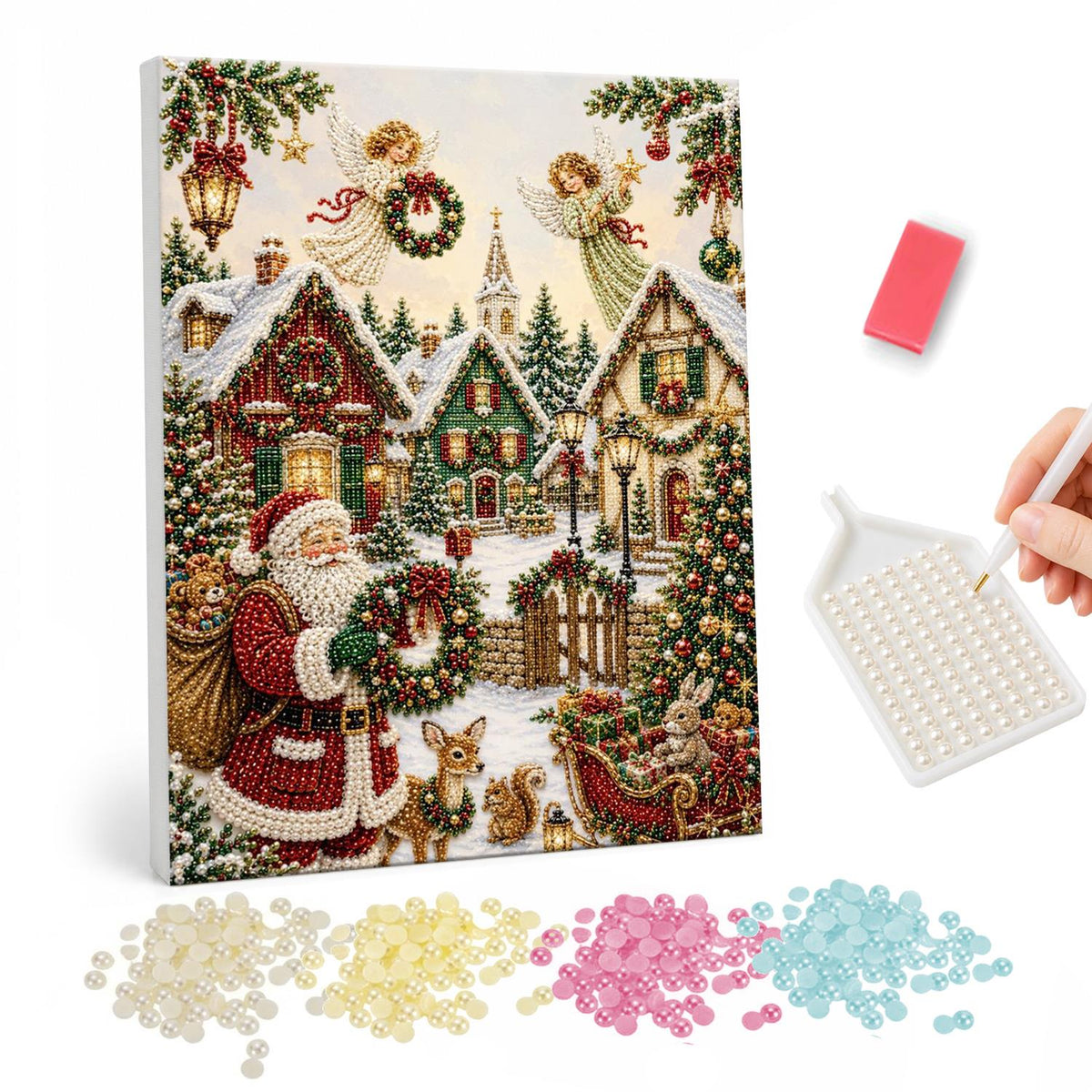 Wreath-Bearing Village Santa pearl painting – Santa holding a wreath in a snowy village with fawns and a sleigh, angels flying overhead