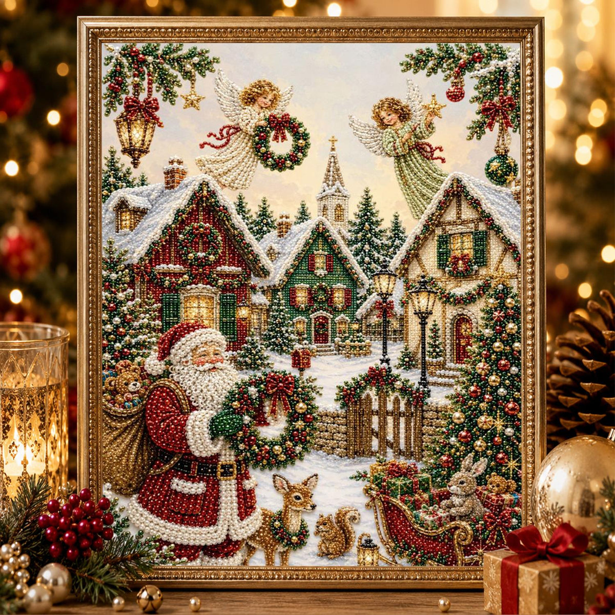Wreath-Bearing Village Santa pearl painting – image 2