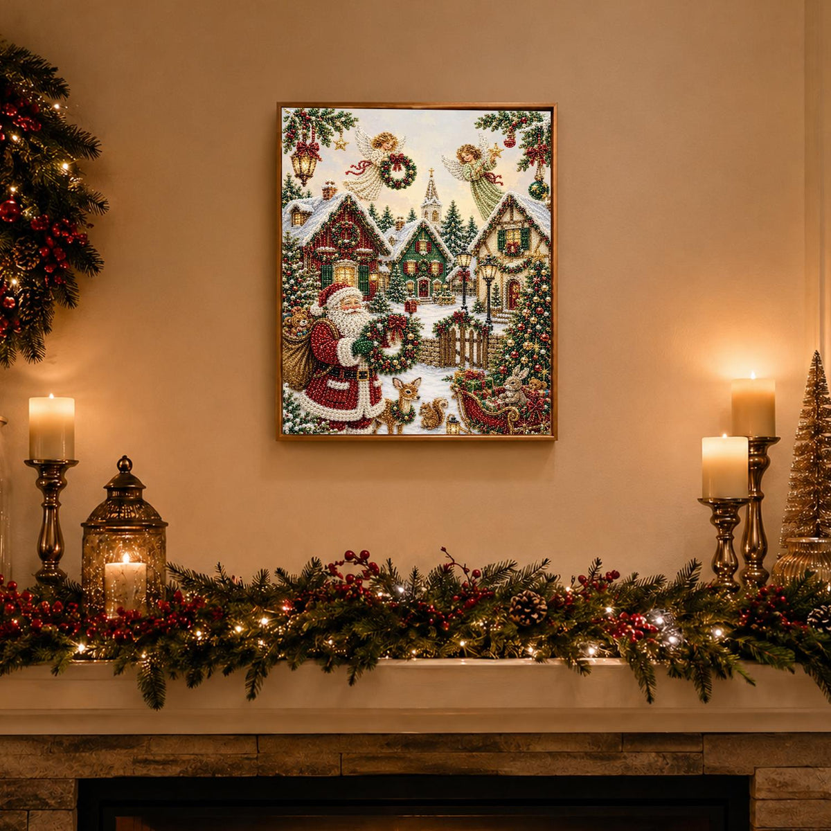Wreath-Bearing Village Santa pearl painting – image 3
