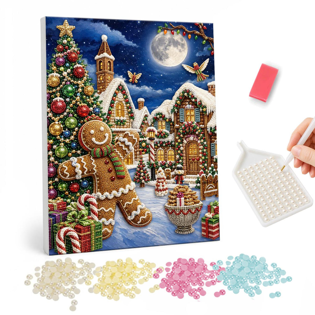 Gingerbread Man Under the Moon pearl painting – Gingerbread man beside a decorated tree in a gingerbread village under a full moon with candy canes