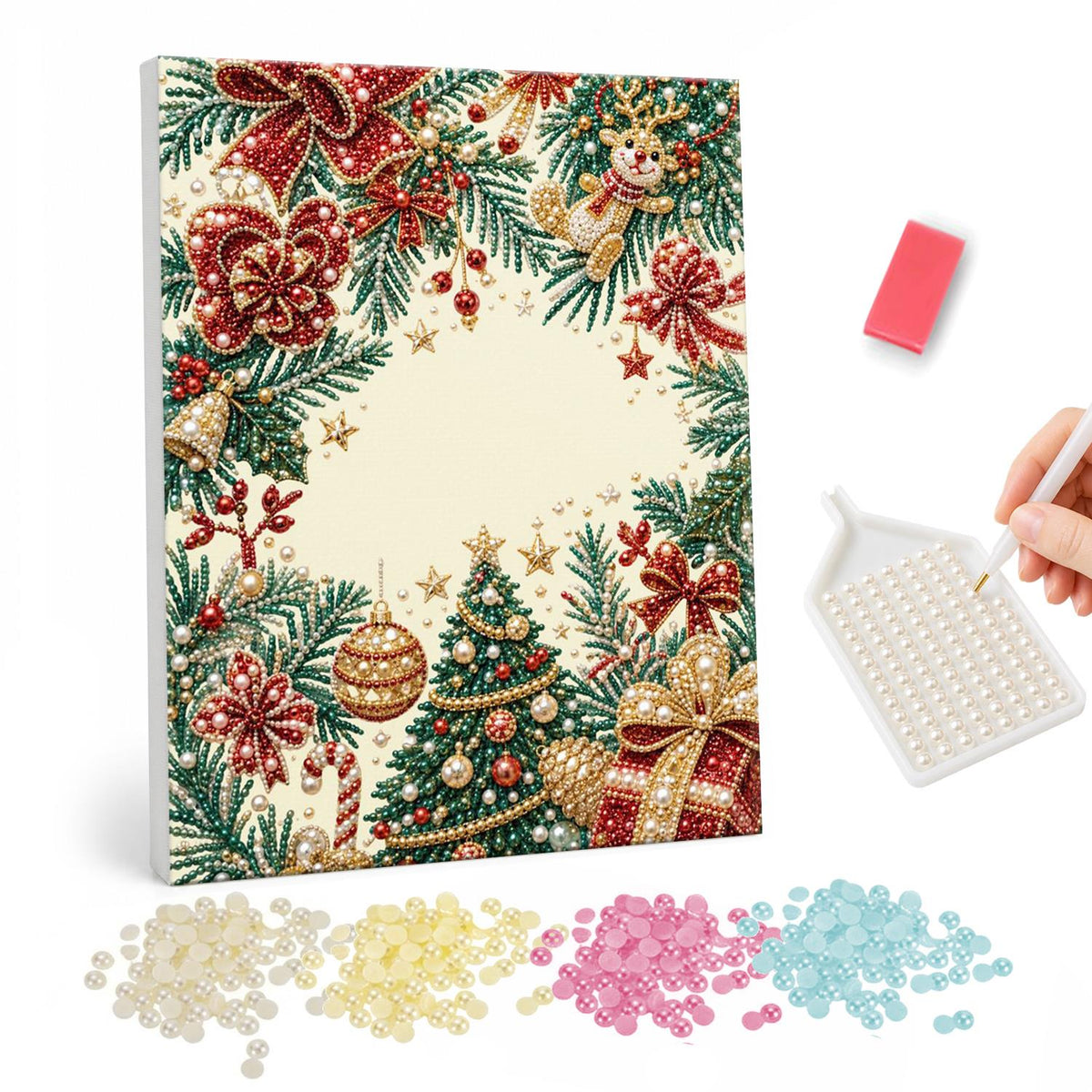 Poinsettia Garland Border pearl painting – Frame of poinsettias, red bows, baubles, a small tree and gifts around a plain cream center