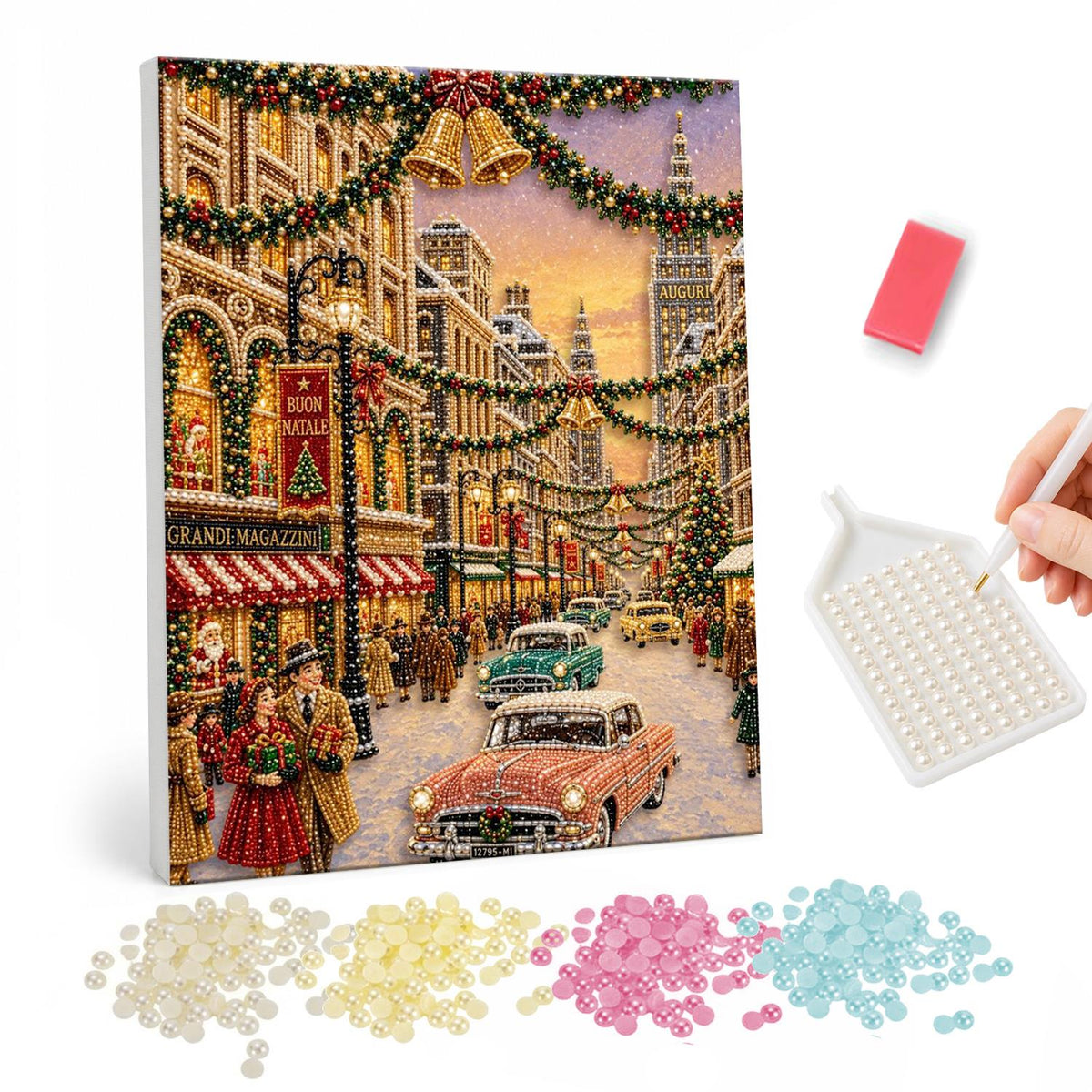 Fifties Cars on a Festive Avenue pearl painting – Vintage city street decked with garlands, shoppers and classic cars in the snow at dusk