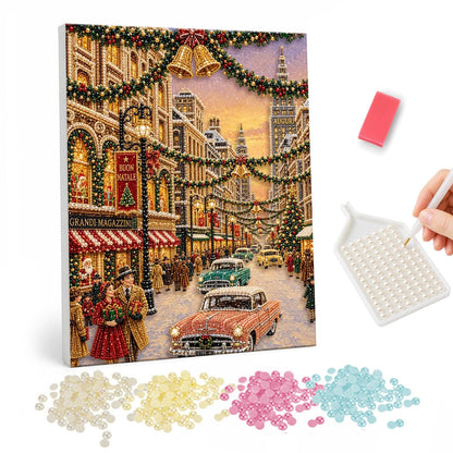 Fifties Cars on a Festive Avenue pearl painting – Vintage city street decked with garlands, shoppers and classic cars in the snow at dusk