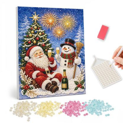 Bubbly Toast with the Snowman pearl painting – Santa and a top-hatted snowman toasting with bubbly beside a Christmas tree under golden fireworks