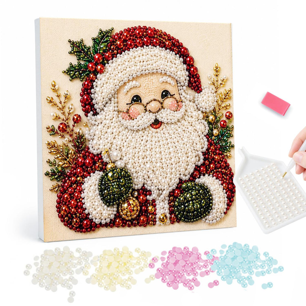 Bespectacled Santa Portrait pearl painting – Santa with round glasses and a fluffy white beard holding a bauble, holly and gold sprigs on cream