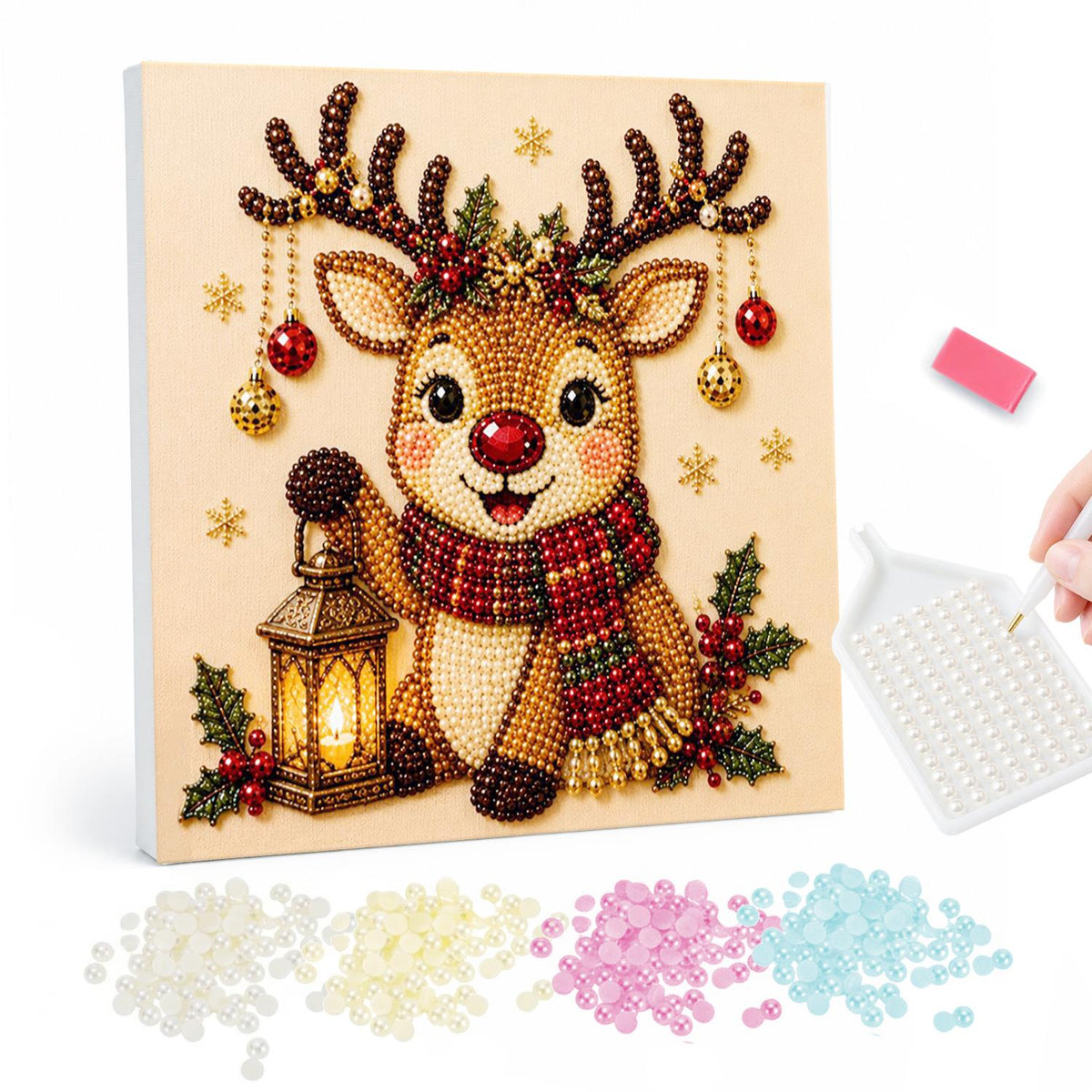Reindeer with a Glowing Lantern pearl painting – Cartoon reindeer in a plaid scarf beside a glowing lantern, baubles hanging from its antlers
