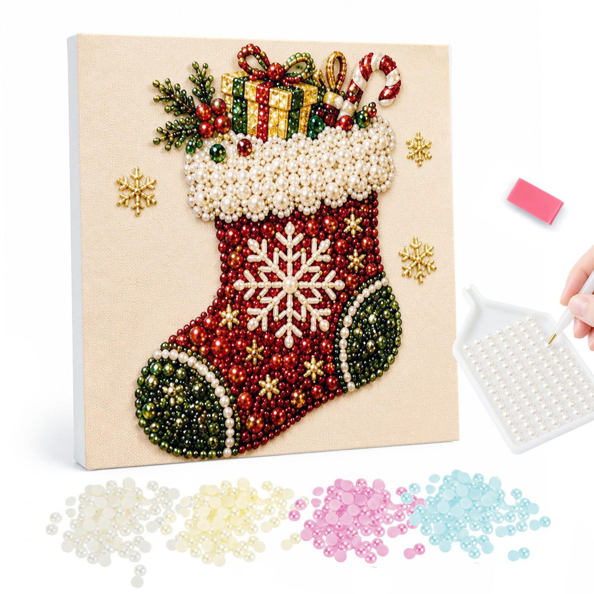 Snowflake Stocking Full of Gifts pearl painting – Red Christmas stocking with a white snowflake, stuffed with gifts, candy canes and holly