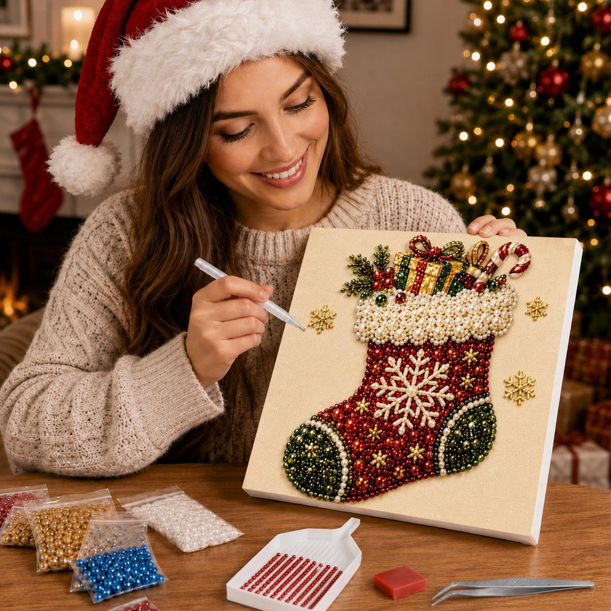 Snowflake Stocking Full of Gifts pearl painting – image 16