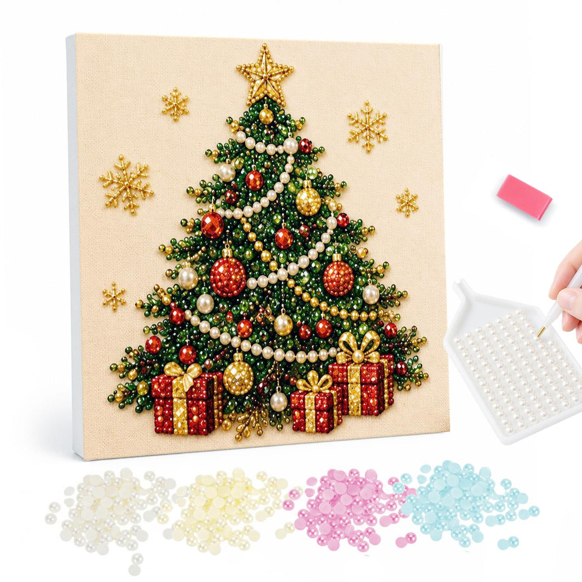 Star-Topped Tree with Presents pearl painting – Christmas tree with a gold star, garlands and red baubles above wrapped gifts on cream