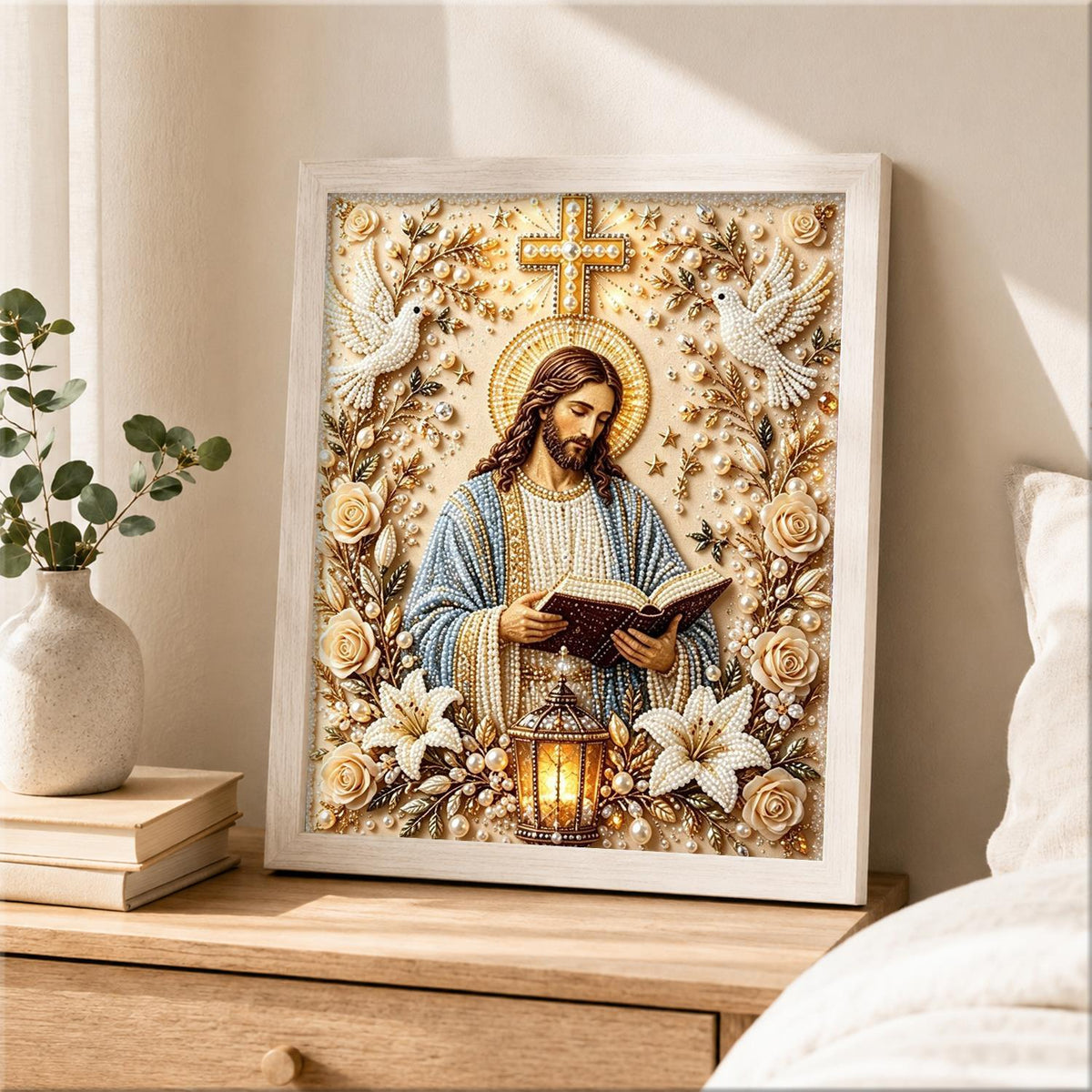 Jesus with Lantern and Lilies pearl painting – image 2