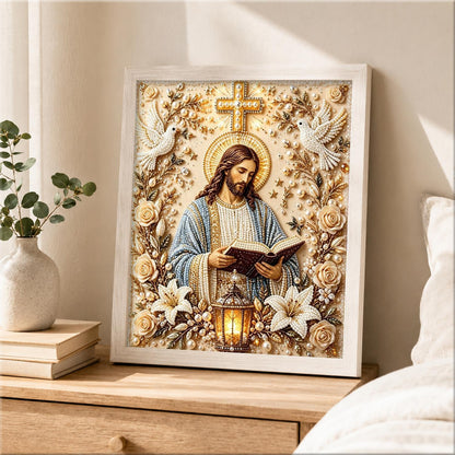 Jesus with Lantern and Lilies pearl painting – image 2