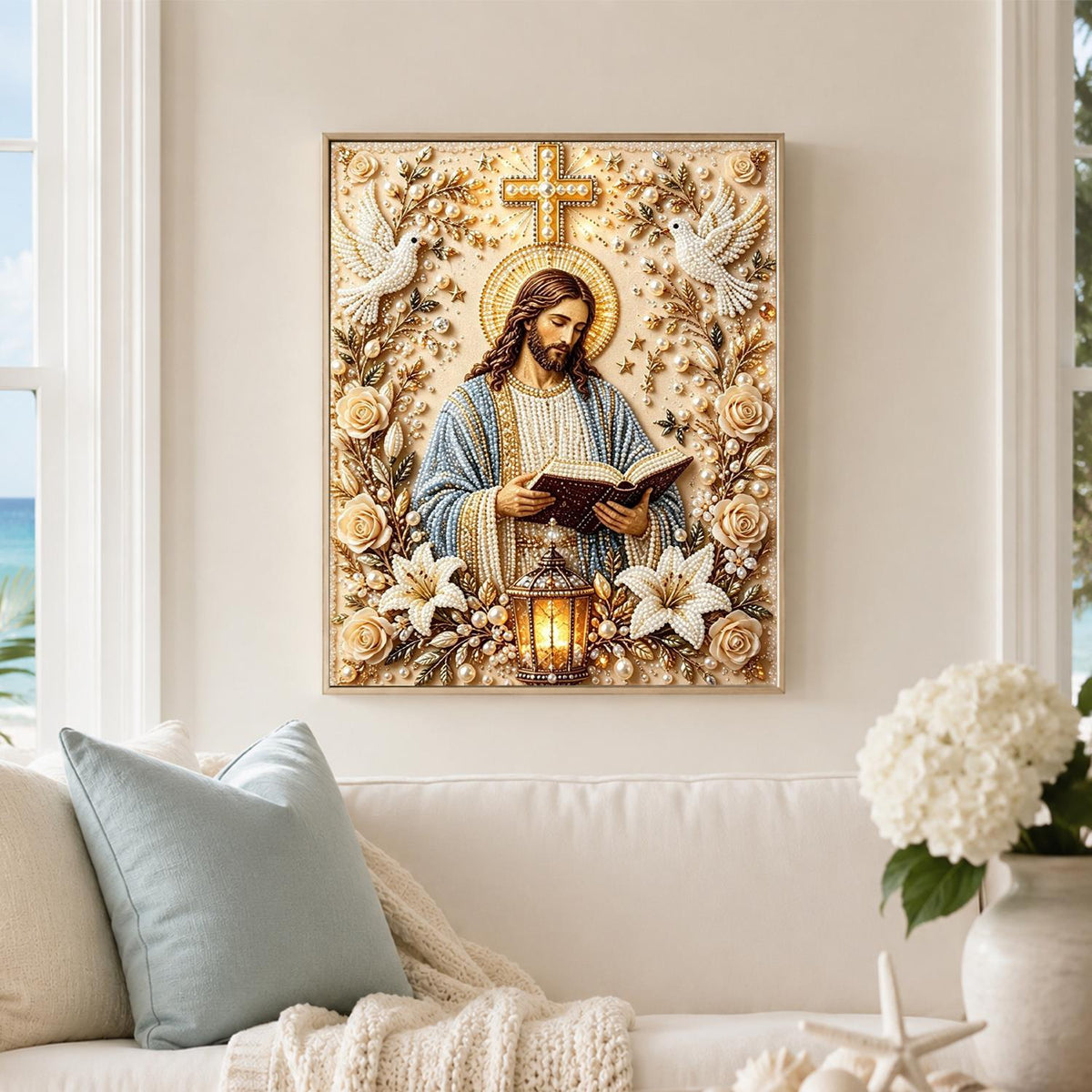 Jesus with Lantern and Lilies pearl painting – image 3