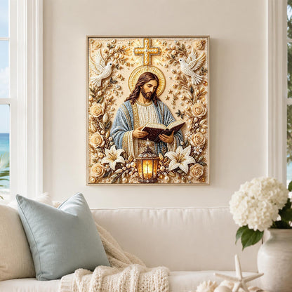 Jesus with Lantern and Lilies pearl painting – image 3