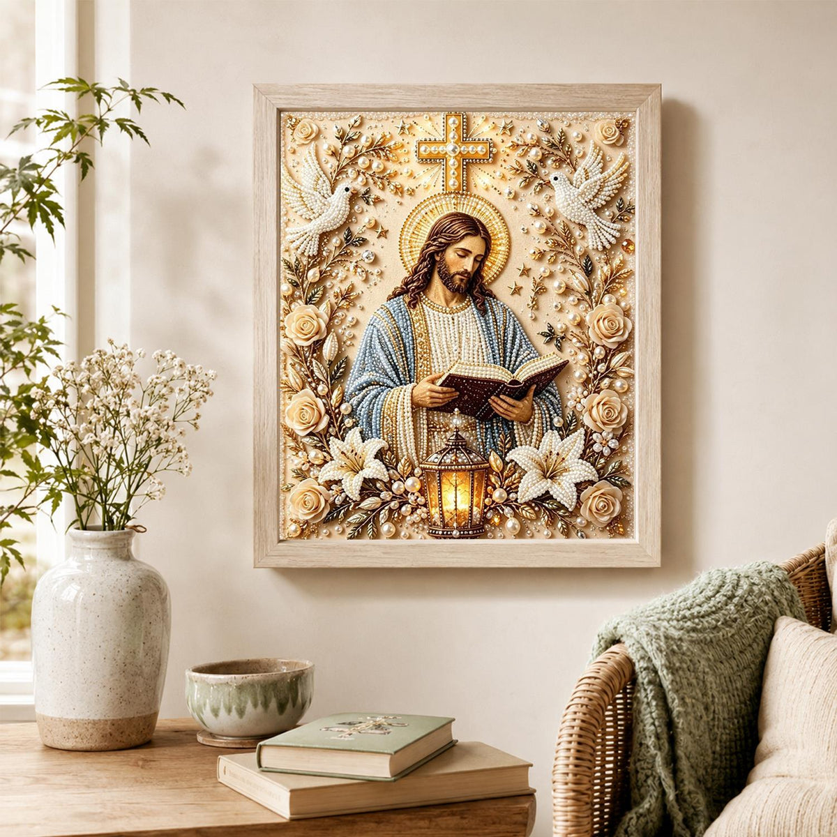 Jesus with Lantern and Lilies pearl painting – image 4