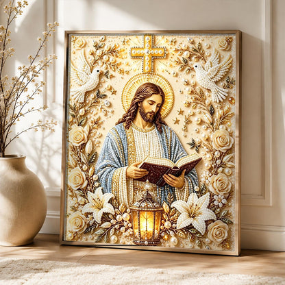Jesus with Lantern and Lilies pearl painting – image 5