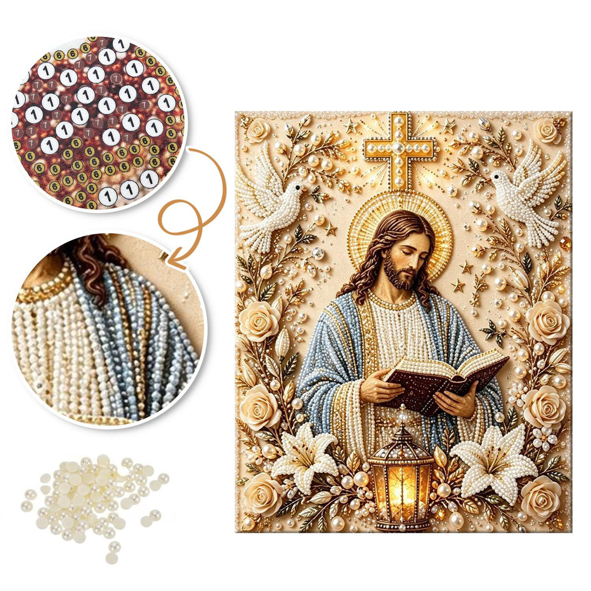 Jesus with Lantern and Lilies pearl painting – image 6
