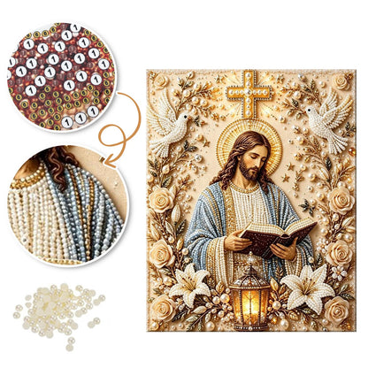 Jesus with Lantern and Lilies pearl painting – image 6