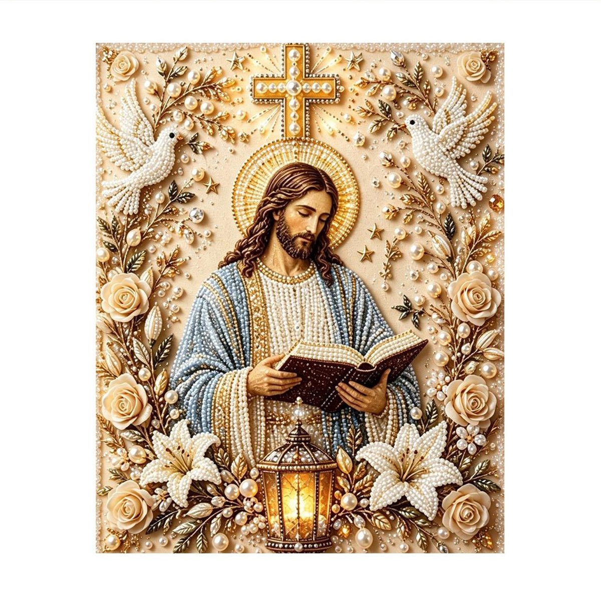 Jesus with Lantern and Lilies pearl painting – image 11