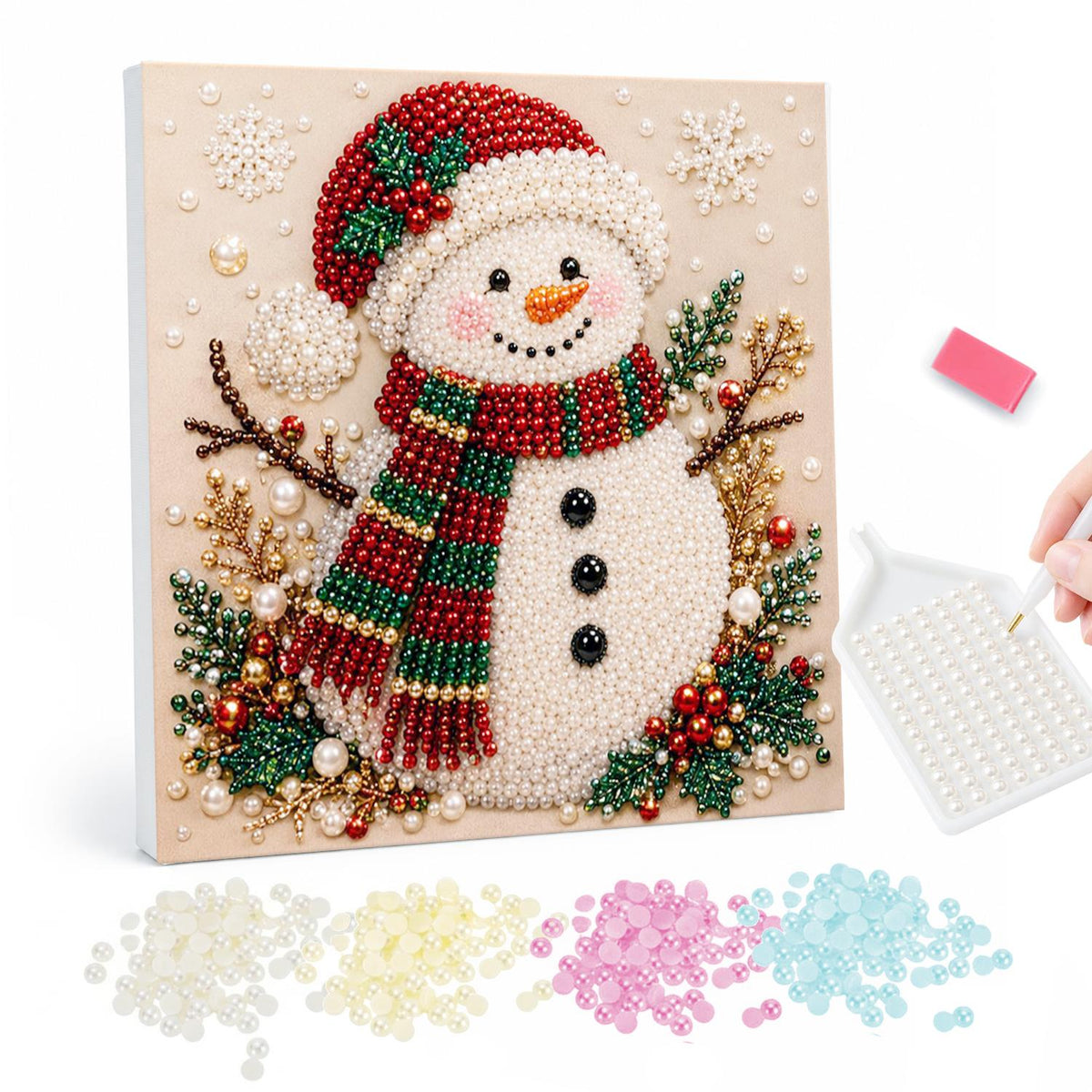Snowman in a Santa Hat pearl painting – Smiling snowman in a Santa hat and striped scarf with twig arms, holly and pine sprigs