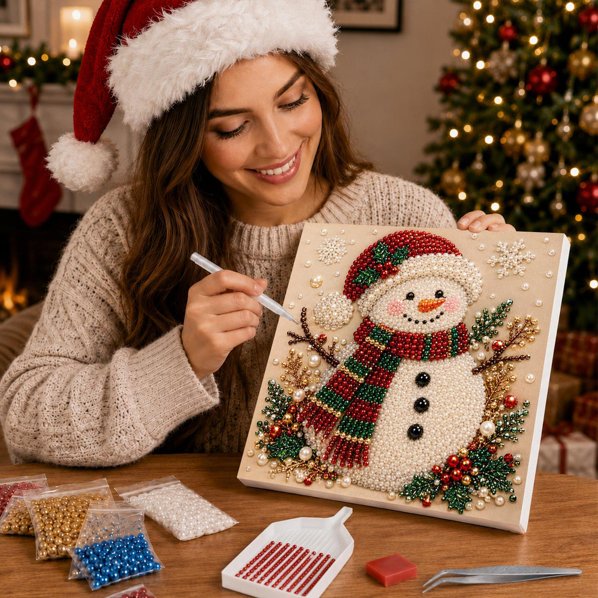 Snowman in a Santa Hat pearl painting – image 16