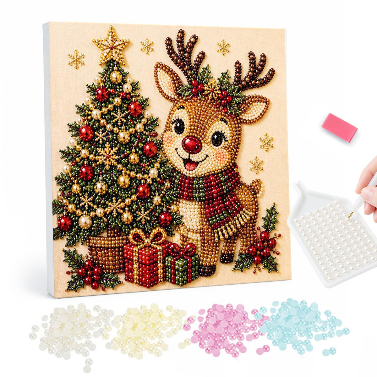 Scarf-Wrapped Reindeer and Tree pearl painting – Cartoon reindeer in a plaid scarf beside a star-topped Christmas tree with red gifts
