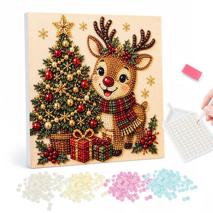 Scarf-Wrapped Reindeer and Tree pearl painting – Cartoon reindeer in a plaid scarf beside a star-topped Christmas tree with red gifts