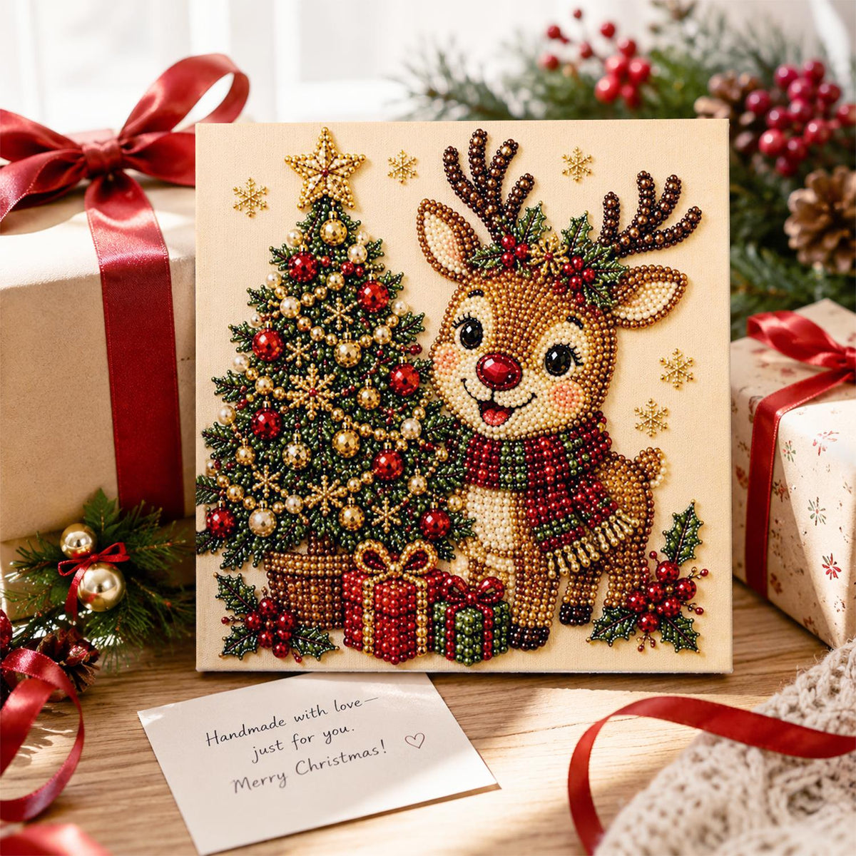 Scarf-Wrapped Reindeer and Tree pearl painting – image 2