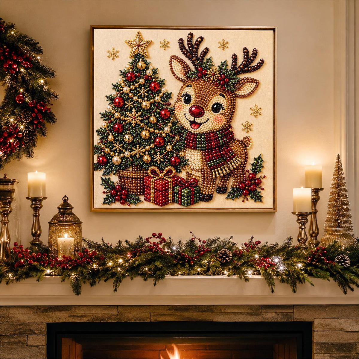 Scarf-Wrapped Reindeer and Tree pearl painting – image 3