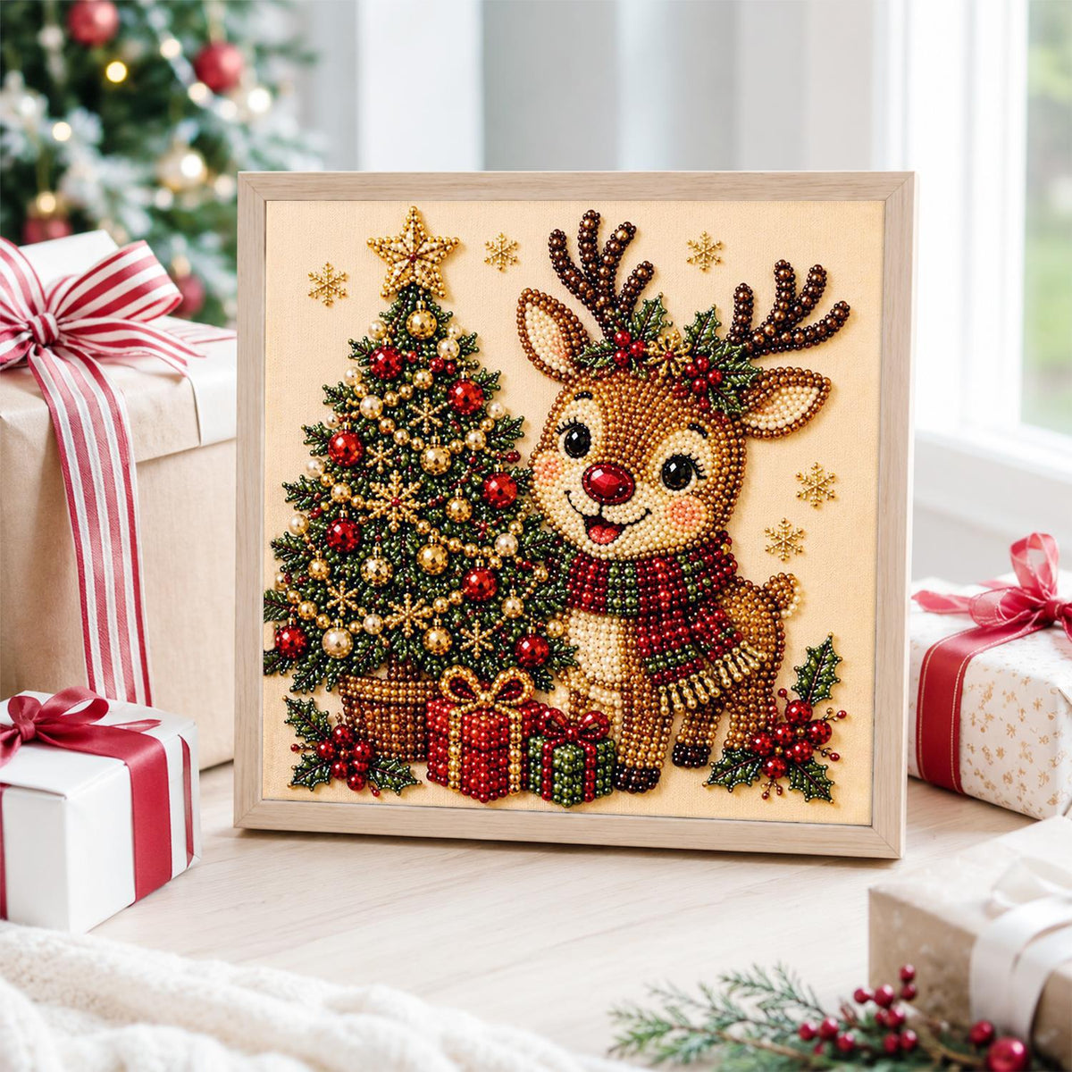 Scarf-Wrapped Reindeer and Tree pearl painting – image 4