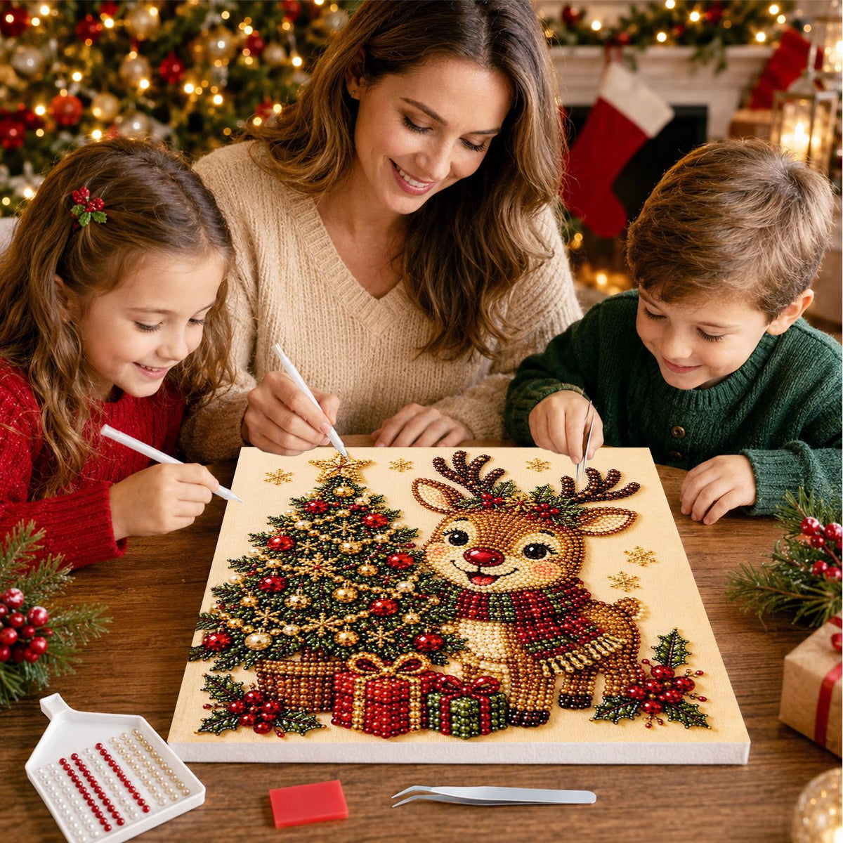 Scarf-Wrapped Reindeer and Tree pearl painting – image 15
