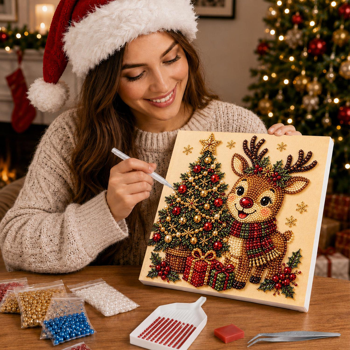 Scarf-Wrapped Reindeer and Tree pearl painting – image 16